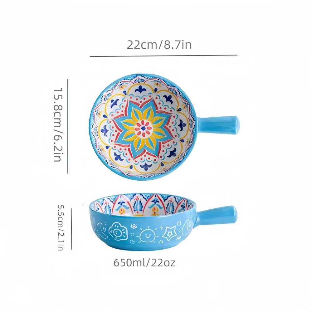 Bohemian Ceramic Hand-Painted Embossed Patterned Salad Bowl with Handle Kitchen Bakeware Microwave & Oven Safe 1 pc