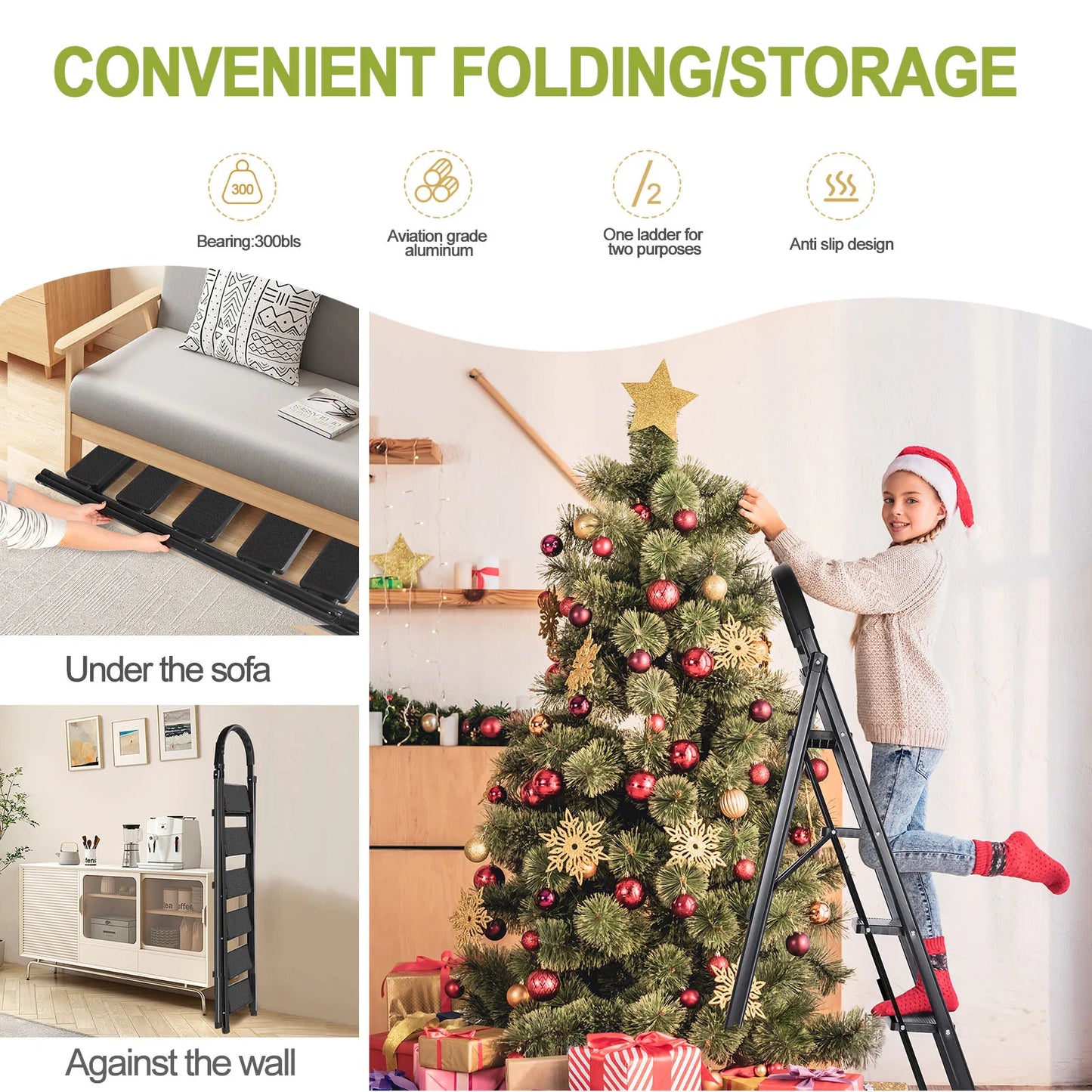Step Ladder, Folding Step Stool, Heavy-Duty Step Ladder Stool with Handrail Wide Pedal, Anti-Slip Step Ladder with Handgrip, Mul
