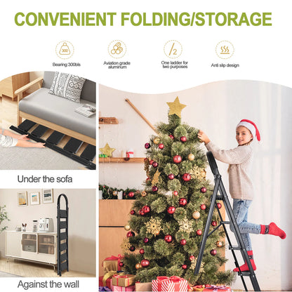 Step Ladder, Folding Step Stool, Heavy-Duty Step Ladder Stool with Handrail Wide Pedal, Anti-Slip Step Ladder with Handgrip, Mul