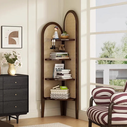 Retro bookshelf triangular corner cabinet rattan weaving living room screen partition study storage bedroom corner cabinet