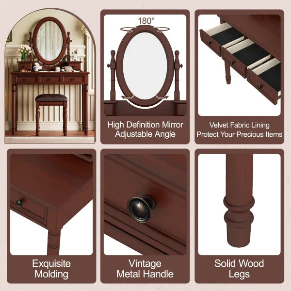 Vanity Desk with Adjustable Angle Mirror, Vintage Vanity Makeup Table and Cushioned Stool Set with