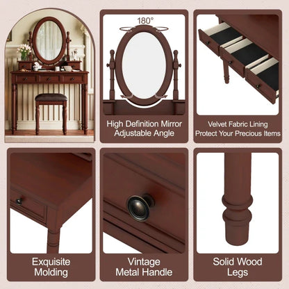 Vanity Desk with Adjustable Angle Mirror, Vintage Vanity Makeup Table and Cushioned Stool Set with