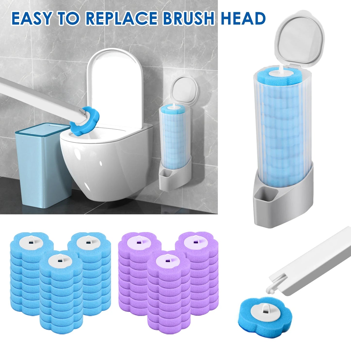 Toilet Wand Kit Wall Mounted Toilet Brush Set with 24 Replacement Brush Heads 360° Bathroom Effective Cleaning Tool for Home