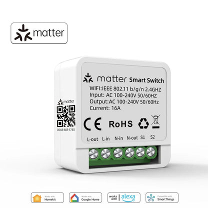 Matter WiFi Smart Switch 16A Smart Home Light Switch Relay Module Voice Control Work with Alexa Google Homekit Smartthings Tuya