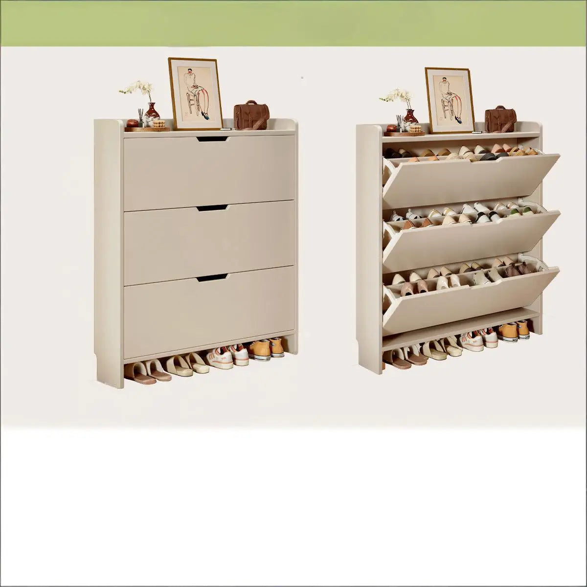 Solid wood ultra-thin flip shoe cabinet, home use, entrance door, foyer storage cabinet, new style wall-mounted shoe rack