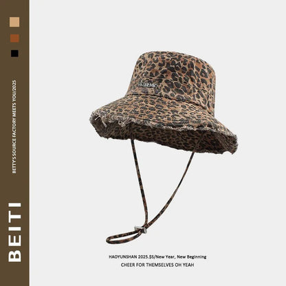 Hat, women's style, American leopard print fisherman hat, face enhancing small basin hat, spicy girl feng shui bucket hat