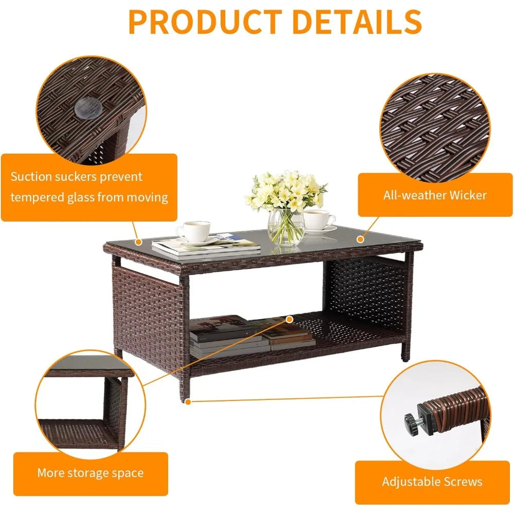 Outdoor Wicker CoffeeTable Patio Coffee Tables for Outside, Tempered Glass Top Wicker Table with Storage Coffee Table for Patio