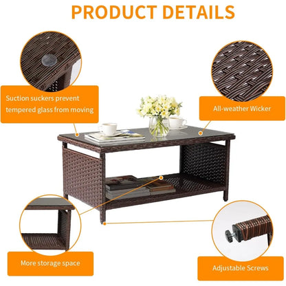 Outdoor Wicker CoffeeTable Patio Coffee Tables for Outside, Tempered Glass Top Wicker Table with Storage Coffee Table for Patio