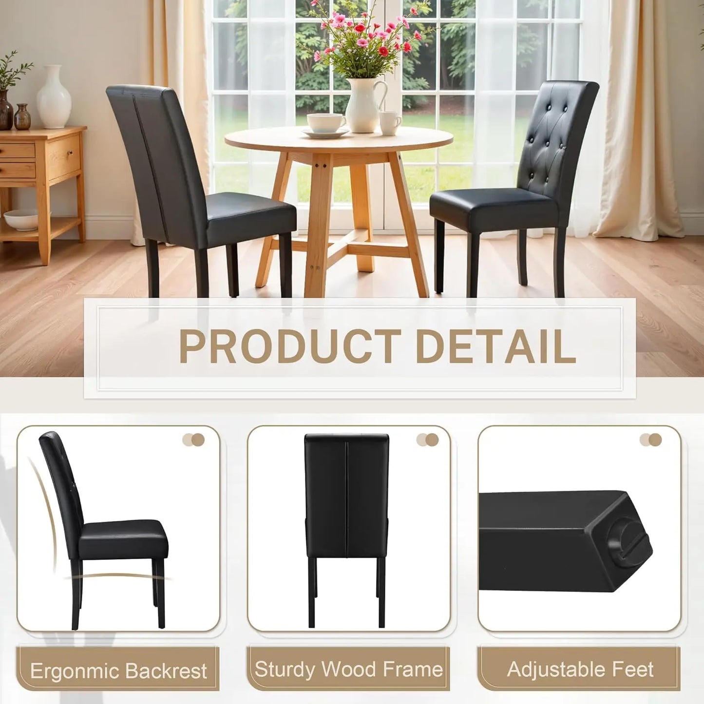 Upholstered Dining Chairs Set of 4, PU Leather Dinning Room Chairs, Button Tufted Kitchen Chairs with Adjustable Wood Legs