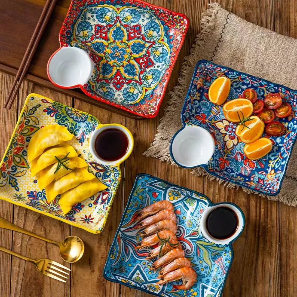 Bohemian dumpling plate with vinegar dish, household ceramic plate, segmented breakfast plate, high-end dumpling-specific plate