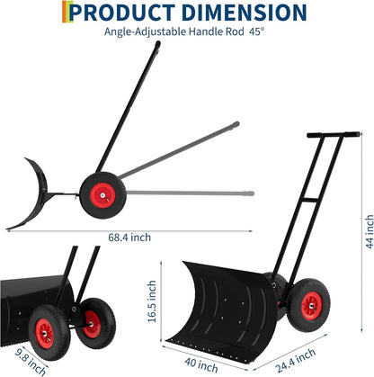 Heavy Duty Rolling Snow Shovel with Wheels 100x42cm Carbon Steel Blade 5-Position Adjustable Angled Blade & Height Handle