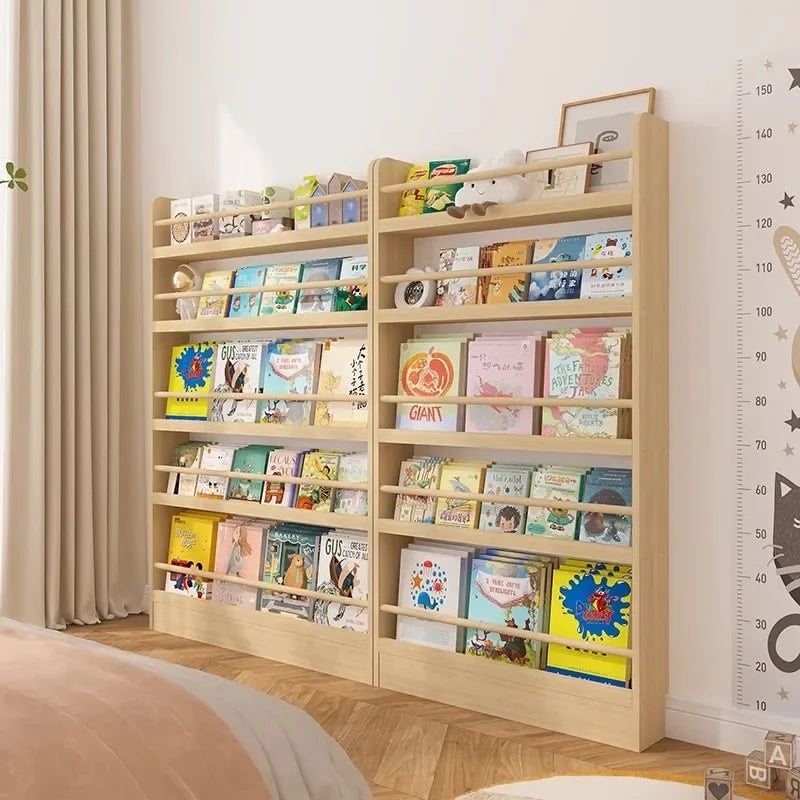 Solid wood bookshelf, floor standing wall mounted multi-layer storage rack, household bookshelf, thin bookshelf behind the door