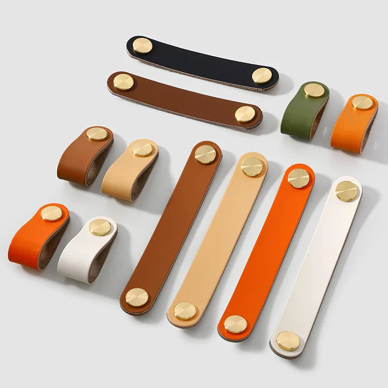 Colorful Brass Leather Cabinet Drawer Pull Handle Knob Solid Heavy Duty Furniture Hardware Kitchen Bathroom Bedroom Furniture