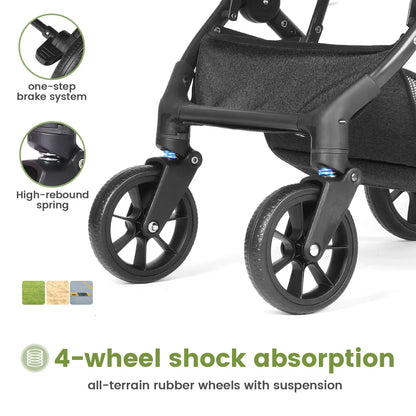 Lightweight Stroller, One-Hand Fold Compact Travel Stroller with 4-Wheel Suspension, Adjustable Recline & Canopy