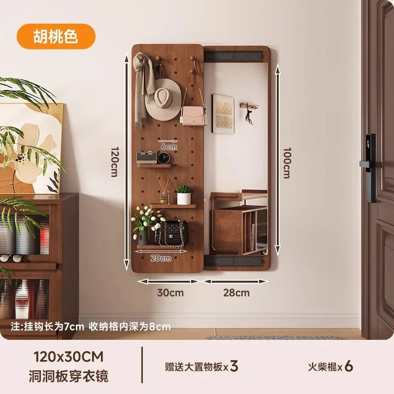 Solid wood perforated board dressing mirror invisible push-pull full body mirror storage wall hanging entrance dressing mirror