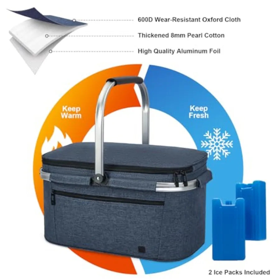 ALLCAMP Picnic Basket - 2 Ice Box Included 2L Insulated Cooler Thickening Foldable Picnic Basket with Removable Baskets and Sew