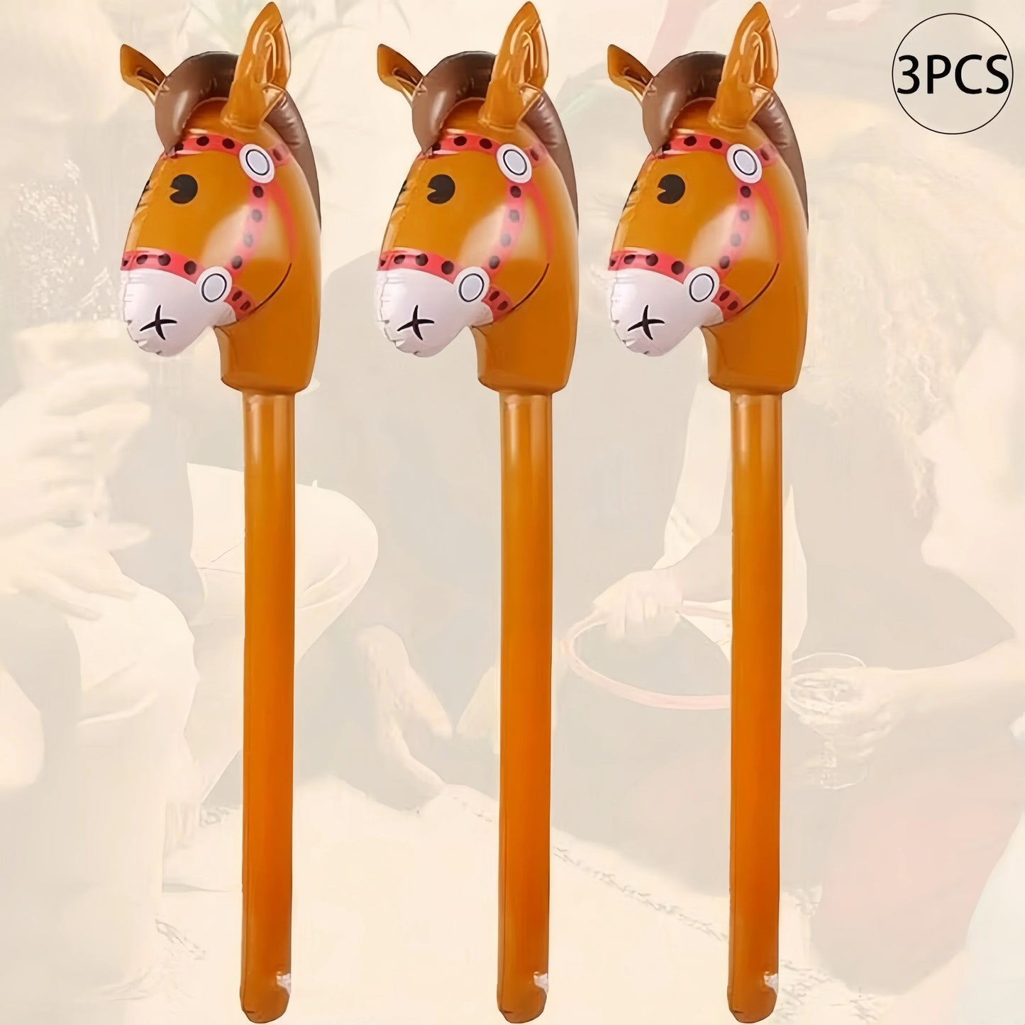 3PCS Inflatable Horsehead Stick, Cute Brown Horsehead Stick, Suitable For Cowboy Themed Birthday Party Decoration