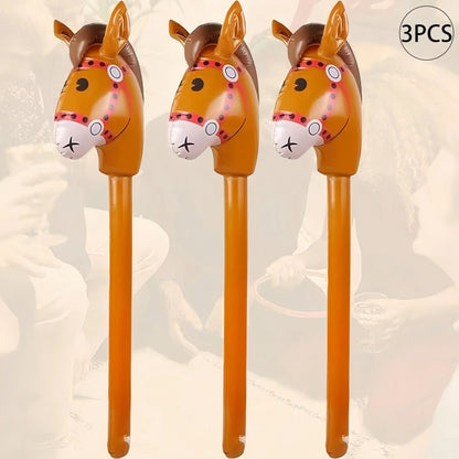 3PCS Inflatable Horsehead Stick, Cute Brown Horsehead Stick, Suitable For Cowboy Themed Birthday Party Decoration