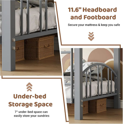 Metal Loft Bed Bunk Beds Twin Over Full Size with Heightened Safety Guardrail & Ladder, for School, Bedroom, Twin Size Grey