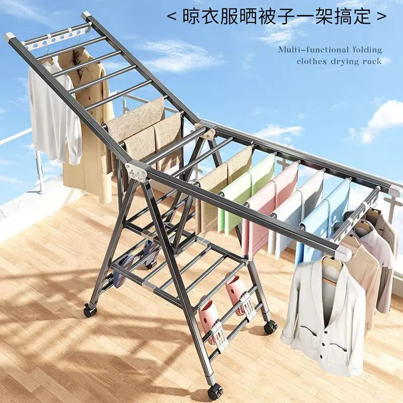 Folding clothes rack home movable balcony bedroom clothes rack clothes rod telescopic clothes rack