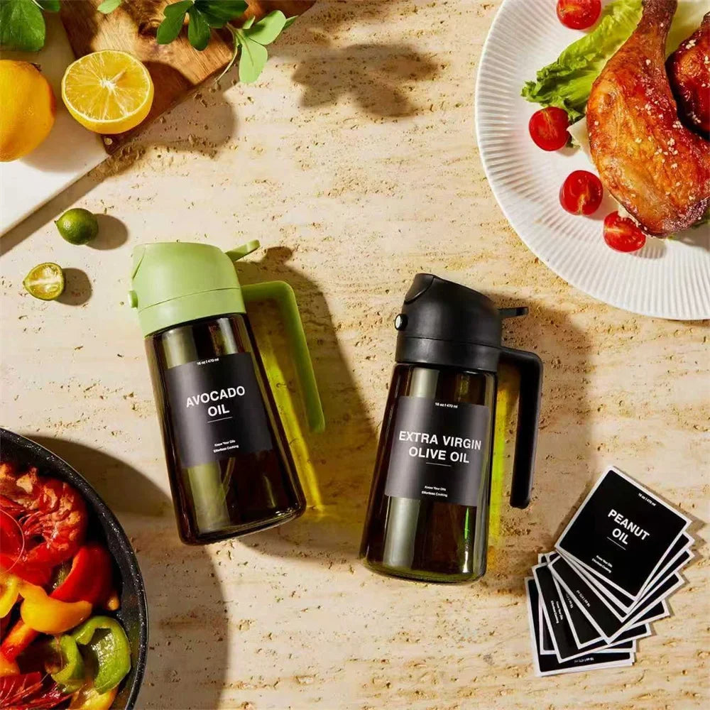 Olive Oil Dispenser,Sprayer for Cooking 2 in 1- Spray and Pour,Dark Green Glass Oil Bottlewith Stickers,16oz/470ml Oil Sprayer