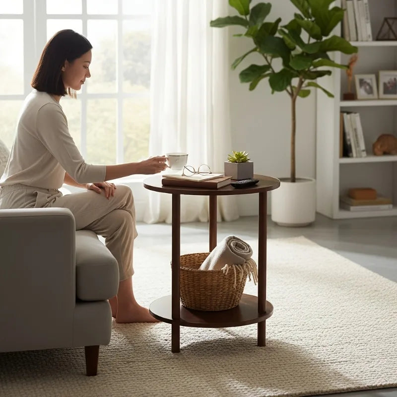Modern Round Nesting Coffee Table, 2-Tier Wood Table in Walnut, Space-Saving Nestable Side Table for Living Room Small Spaces