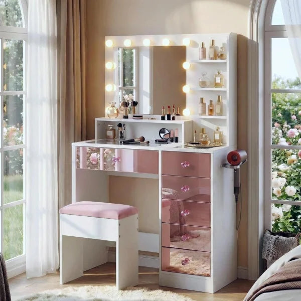 Vanity Desk with Glass Top and 11 Bulbs, 3 Color Lighting Modes, Makeup Vanity with Pink Finish