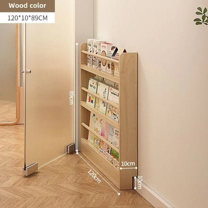 Solid wood bookshelf, floor standing wall mounted multi-layer storage rack, household bookshelf, thin bookshelf behind the door