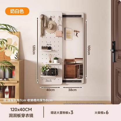 Solid wood perforated board dressing mirror invisible push-pull full body mirror storage wall hanging entrance dressing mirror