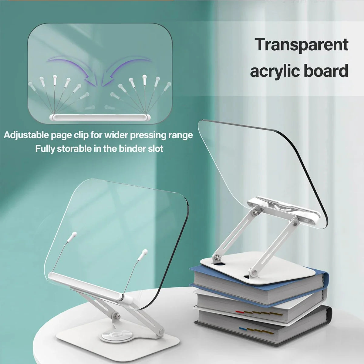 Acrylic Book Stand for Reading Adjustable Book Holder with 360° Rotating Base Elastic Page Clips Foldable Desktop Riser Stand