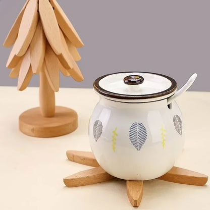 Wooden Trivets for Hot Dishes Folding Tree Shape Black Walnut Table Mat Holders Heat Insulated Pad Set Coasters for Pots