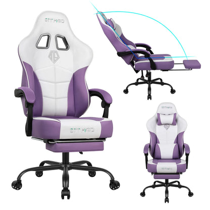 gaming chair with footrest, 400LBS capacity. Adjustable lumbar support, height-reclining. Heavy-duty PU leather, ergonomic