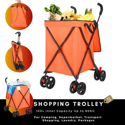 Foldable Shopping Cart, 100L Capacity, 80kg Load, Detachable Washable Bag, Compact Grocery Cart for Supermarket & Urban Use