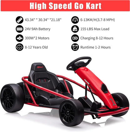 24V Go Kart for Teens & Big Kids Drifting Car with 2×300w Motor,8 MPH Speed,Music,Slow Start,Outdoor Racing Toy for Ages 8-12Y