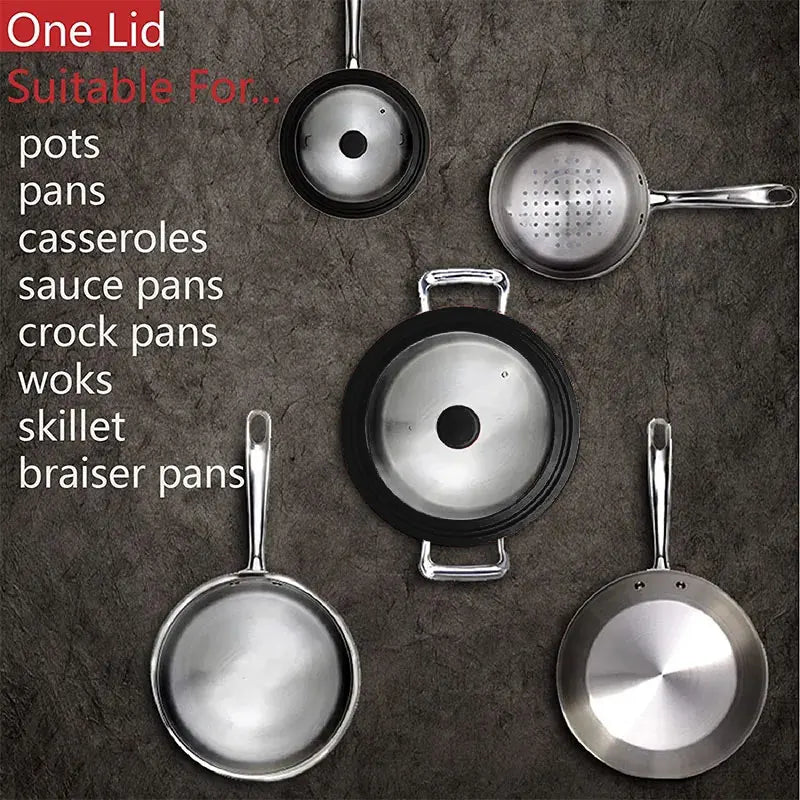 Multi Size Universal Lid for Pots Pans Cookware Tempered Glass Lid for Skillets with Silicone Rim Replacement Lid for Frying Pan
