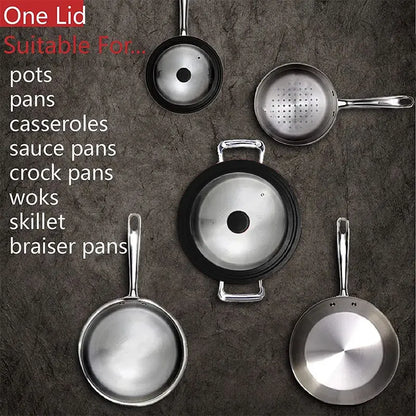Multi Size Universal Lid for Pots Pans Cookware Tempered Glass Lid for Skillets with Silicone Rim Replacement Lid for Frying Pan