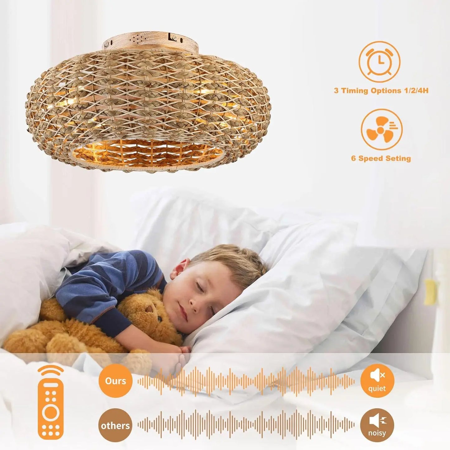 Bamboo Ceiling Fan Fans With Lights Remote Control Bedroom Decor Ventilator Lamp 50cm Air Invisible Blades Retractable Silent