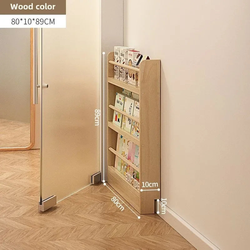 Solid wood bookshelf, floor standing wall mounted multi-layer storage rack, household bookshelf, thin bookshelf behind the door