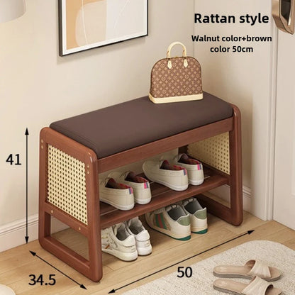 Teng woven shoe changing stool, entrance door, home door, multi-layer storage, solid wood, can sit on shoe stool