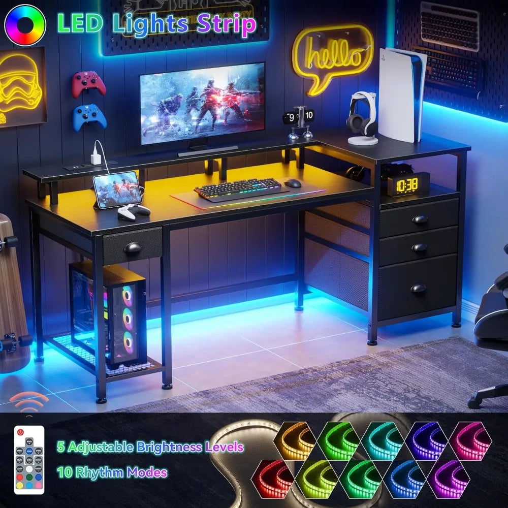 60" Black Computer Desk with 4 Drawers and Printer Space, Gaming Desk with LED Lights and USB Power Outlets, Home Office Desk