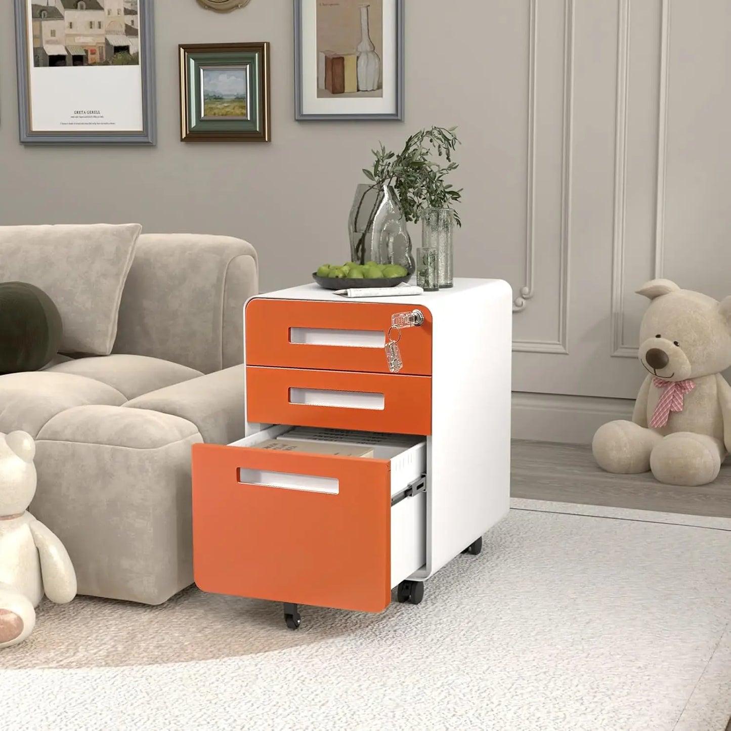 Lockable Secure 3-Drawer Metal File Cabinet Mobile Under Desk Storage on 5 Wheels, Anti-Tilt, for Home Office Organization