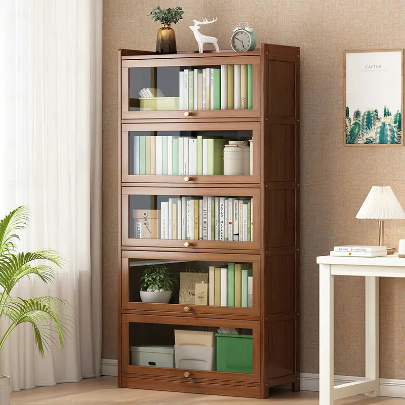 Modern Bamboo Bookshelf Storage Cabinet with Flip Doors 4/5/6 Tier Bookcase for Living Room Bedroom Office
