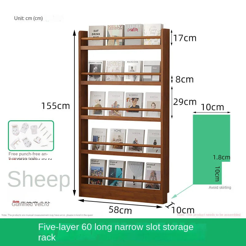 Behind the door, there is a small bookshelf, a multi-layer solid wood ultra-thin bookcase, a newspaper rack, a narrow slit child