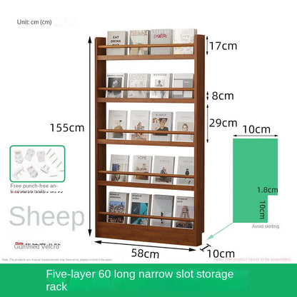 Behind the door, there is a small bookshelf, a multi-layer solid wood ultra-thin bookcase, a newspaper rack, a narrow slit child