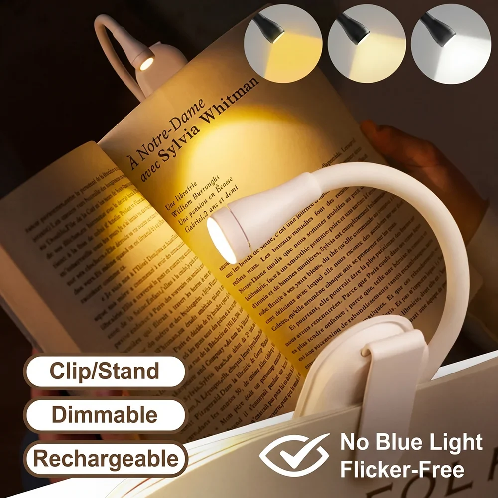 LED Reading Light USB Rechargeable Mini Book Light Clip-on Bed Night Light Stepless Dimmable Eye Protection Desk Lamp for Kids