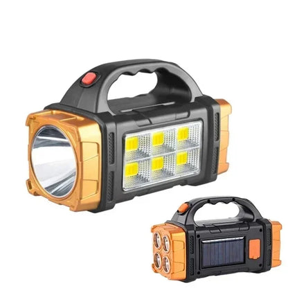 2024 Powerful LED Flashlight USB+Solar Rechargeable Flashlight COB Outdoor Camping Torch Portable Searchlight Power Bank Outdoor