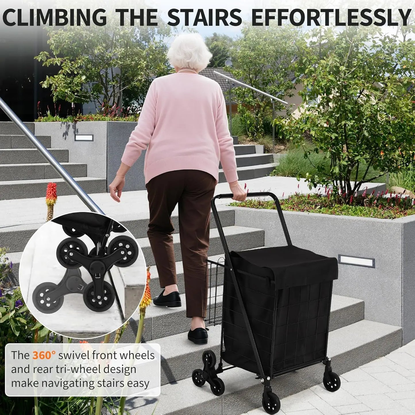 Portable Collapsible Folding Utility Cart Stair Climbing Grocery Cart Featuring Rear Tri-Wheels 360° Swivel Wheels for Grocery