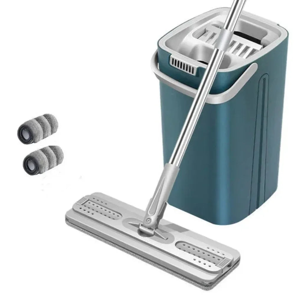 Hands-free Flat Floor Mop Bucket - Microfiber Magic Cleaning Tool with Squeegee Scalable Wet Dry Use for Home Kitchen Household