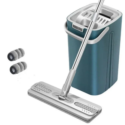 Hands-free Flat Floor Mop Bucket - Microfiber Magic Cleaning Tool with Squeegee Scalable Wet Dry Use for Home Kitchen Household
