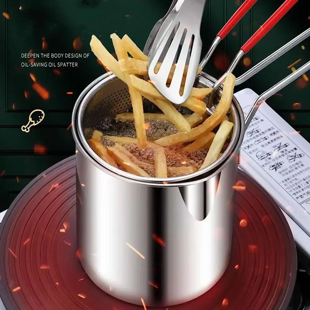 Stainless Steel Deep Fryer with Basket Multi-Purpose for Home Commercial Tempura Chicken Frying Anti-Slip Base Cool Handle